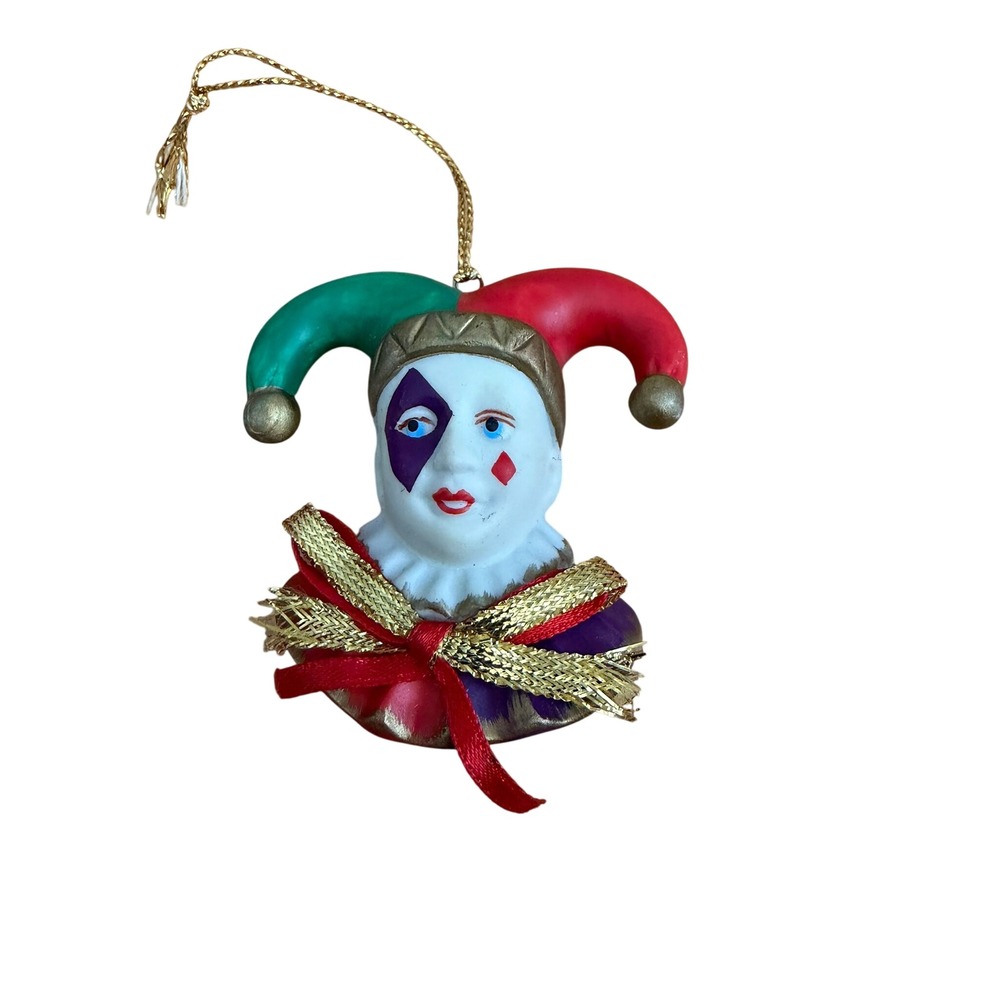 Vintage Porcelain Jester Harlequin Ornament Red Green Gold Carnival Clown Decor